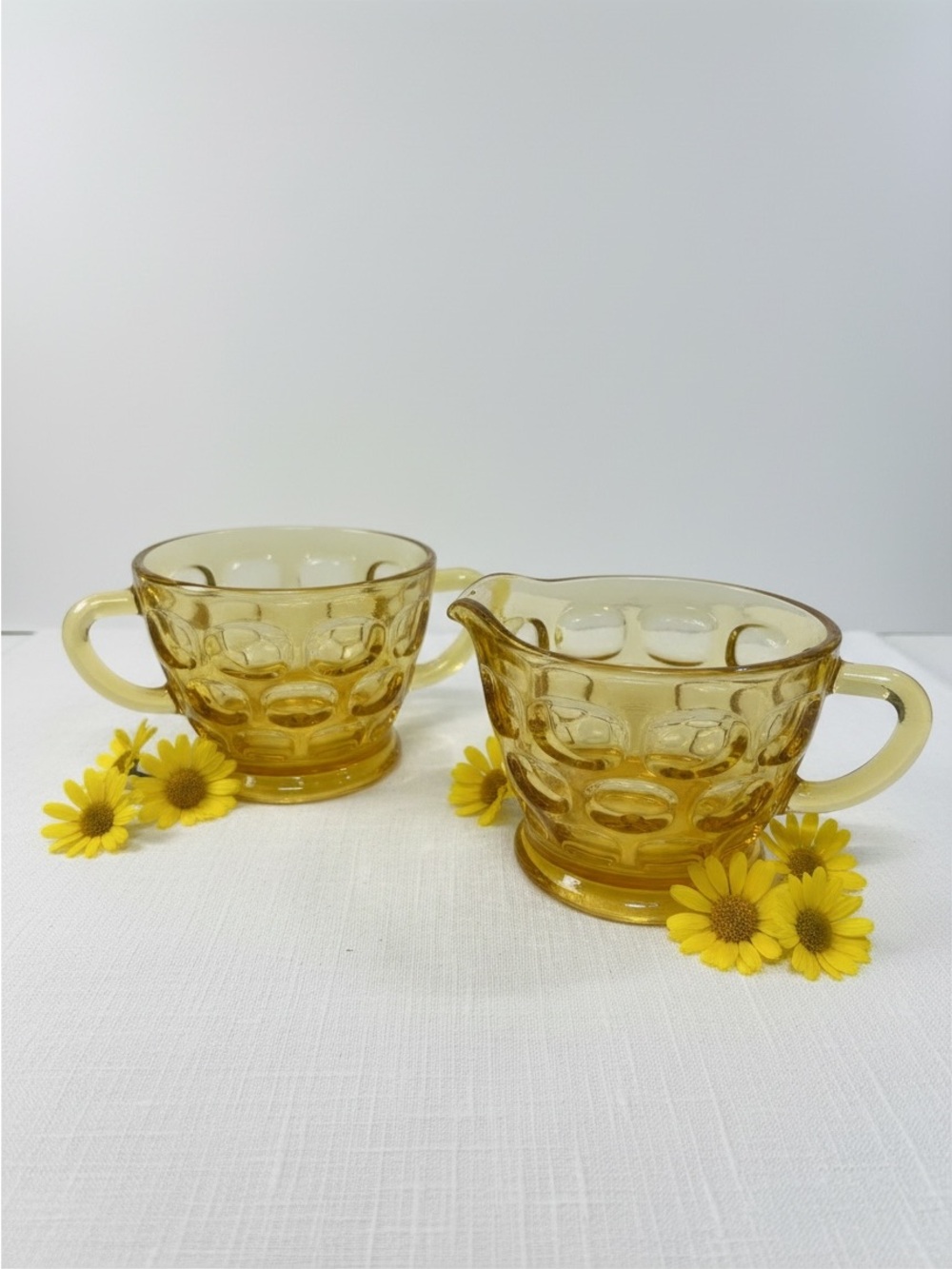 Vintage Amber Glass Creamer and Sugar Bowl Thumbprint Pattern